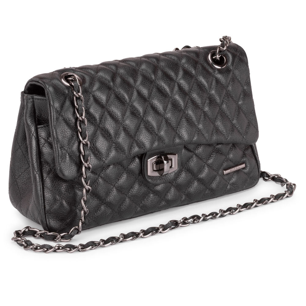 Bolsa Tiracolo Grande Couro Preta Agatha