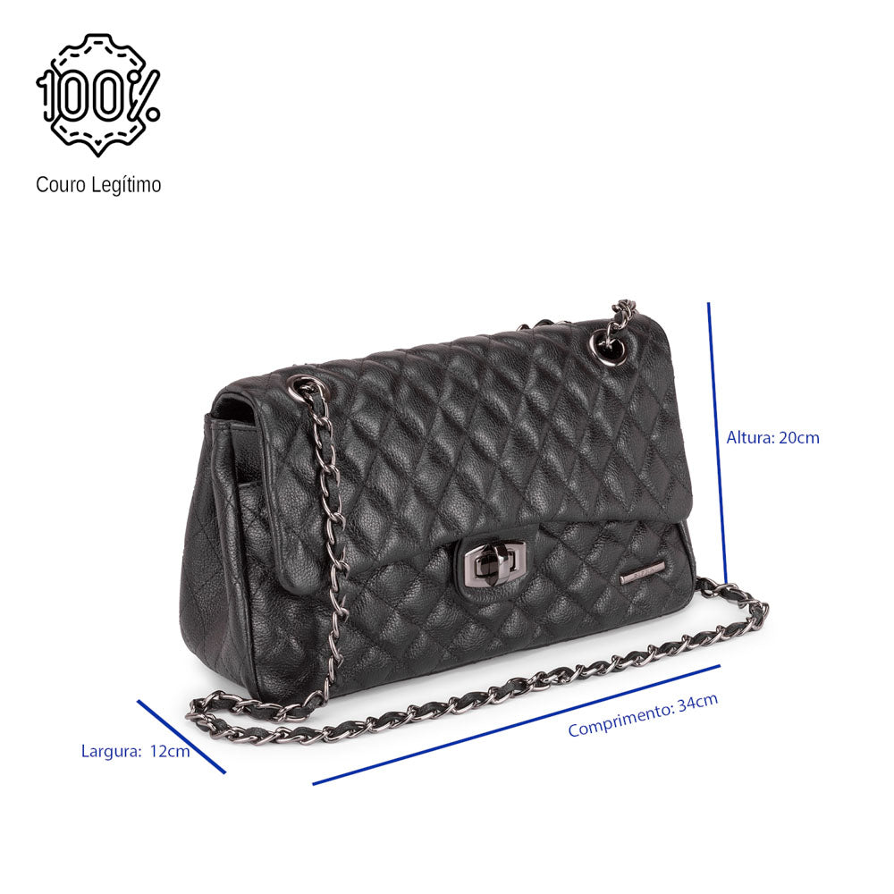 Bolsa Tiracolo Grande Couro Preta Agatha