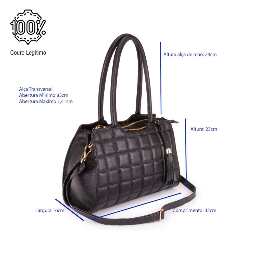 Bolsa Feminina Tranversal Média Couro Preta Ouro Claudia