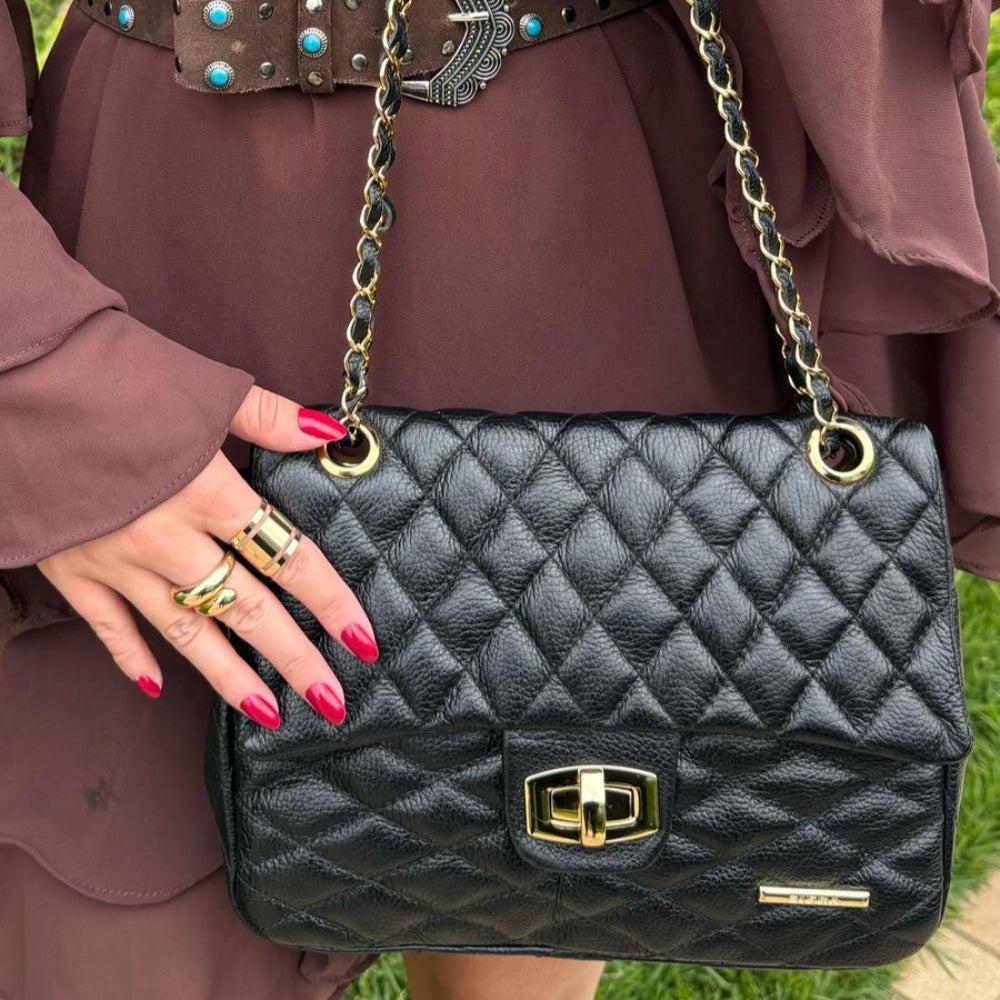Bolsa Tiracolo Pequena Couro Preta Ouro Beca