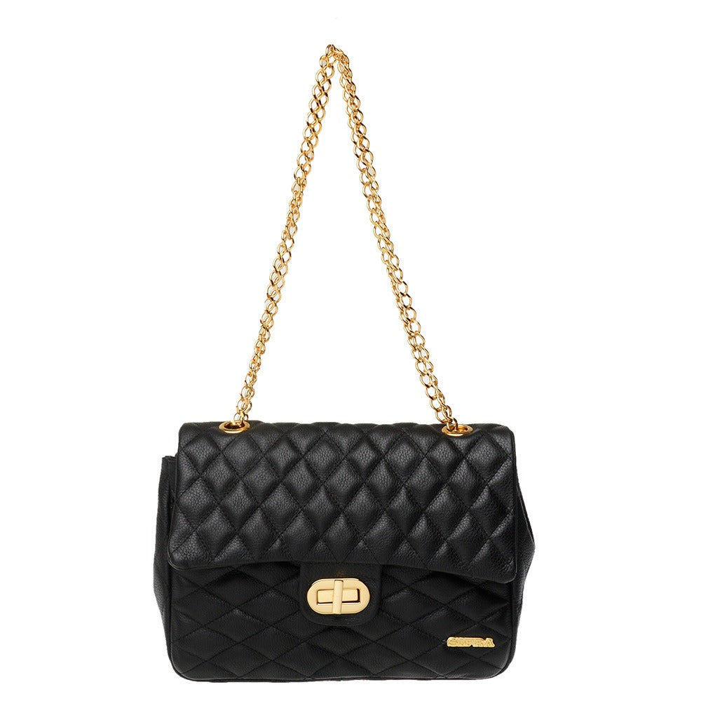 Bolsa Tiracolo Pequena Couro Preta Ouro Beca