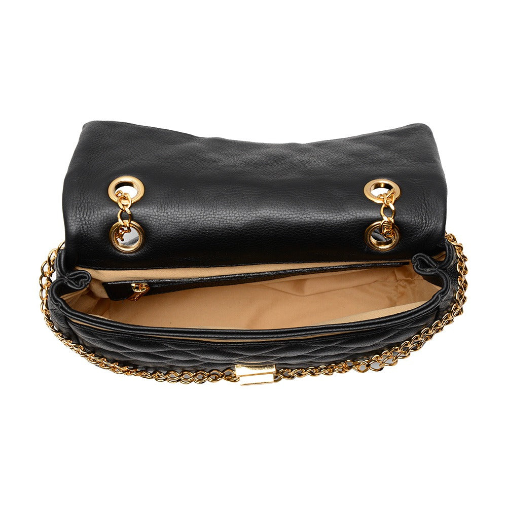 Bolsa Tiracolo Pequena Couro Preta Ouro Beca