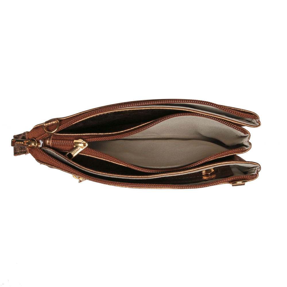 Bolsa Transversal Divisórias Couro Bronze Glace