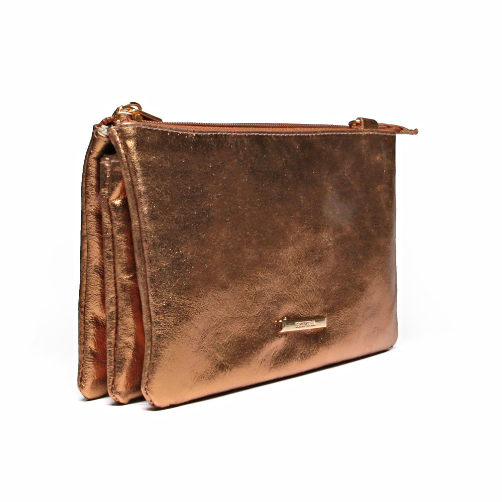 Bolsa Transversal Divisórias Couro Bronze Glace