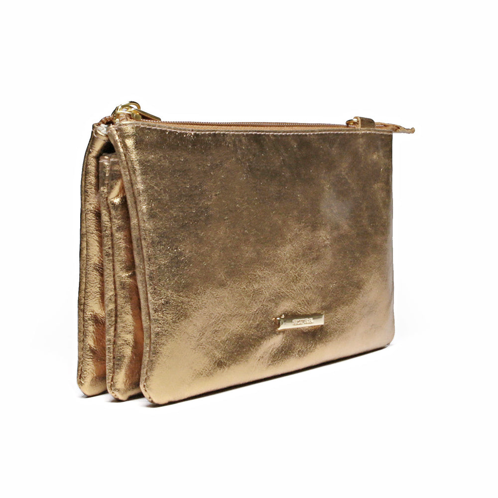 Bolsa Transversal Divisórias Couro Ouro Glace