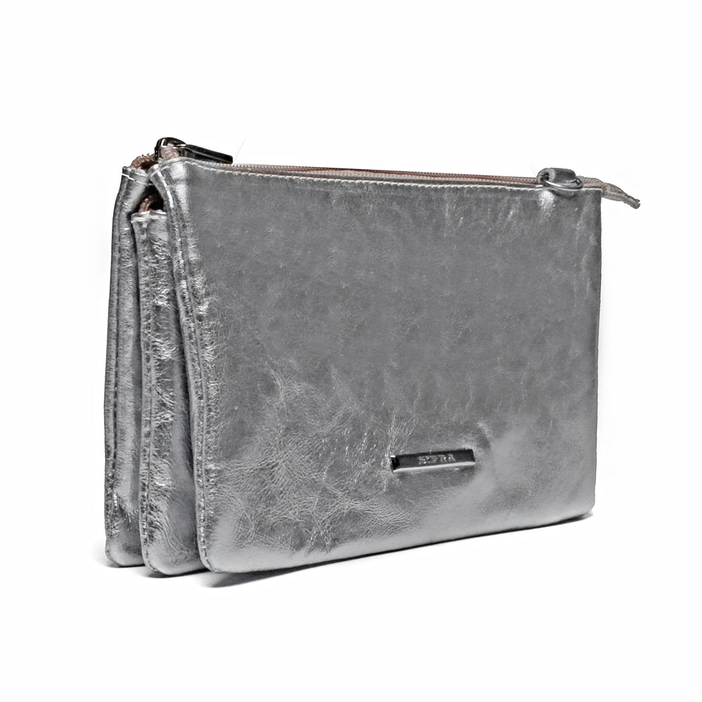 Bolsa Transversal Divisórias Couro Prata Glace