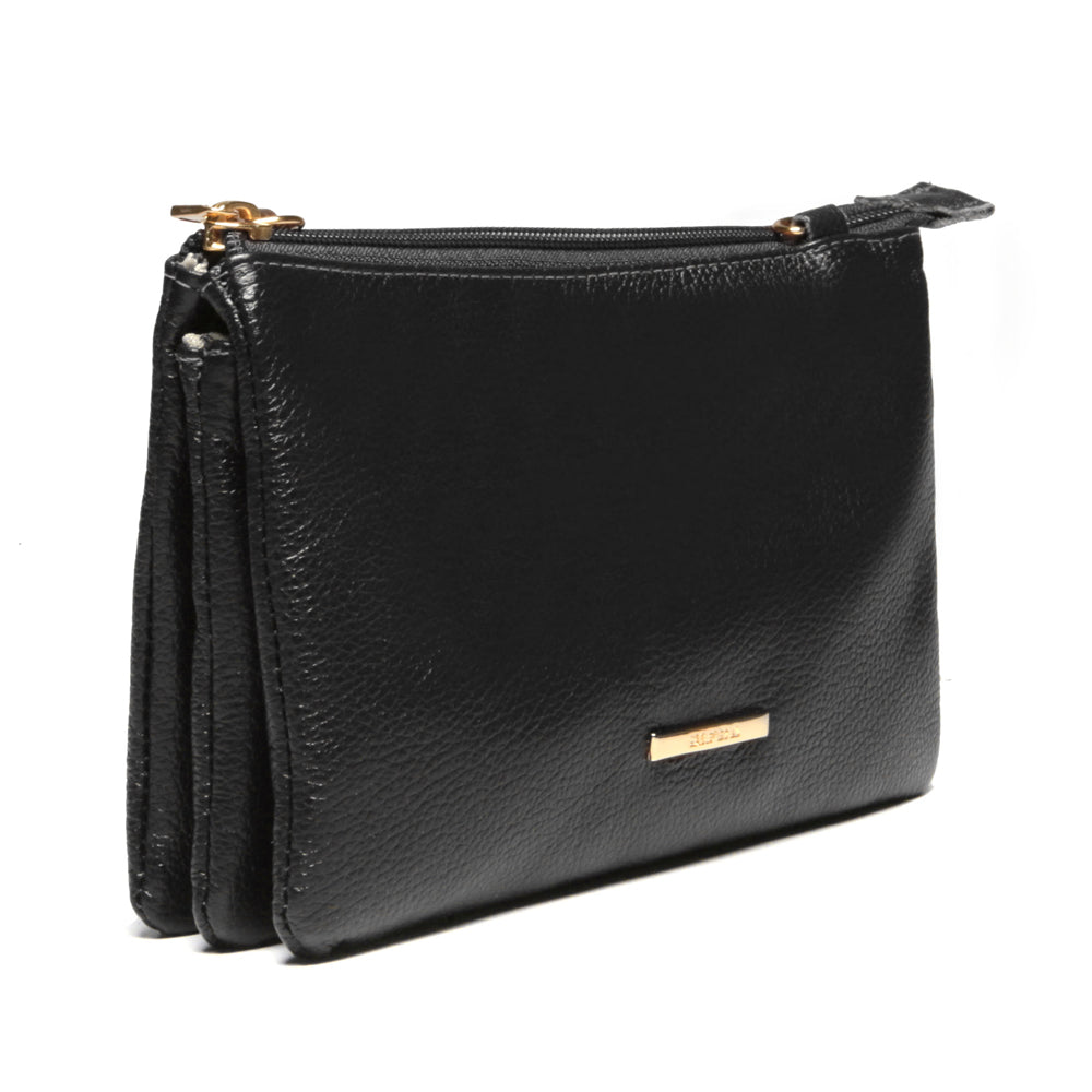 Bolsa Transversal Divisórias Couro Preta Glace