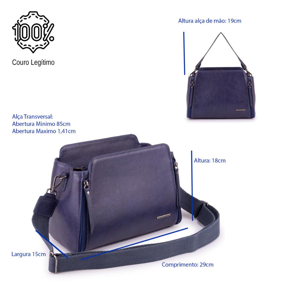Bolsa Transversal Mão Média Couro Azul Mary
