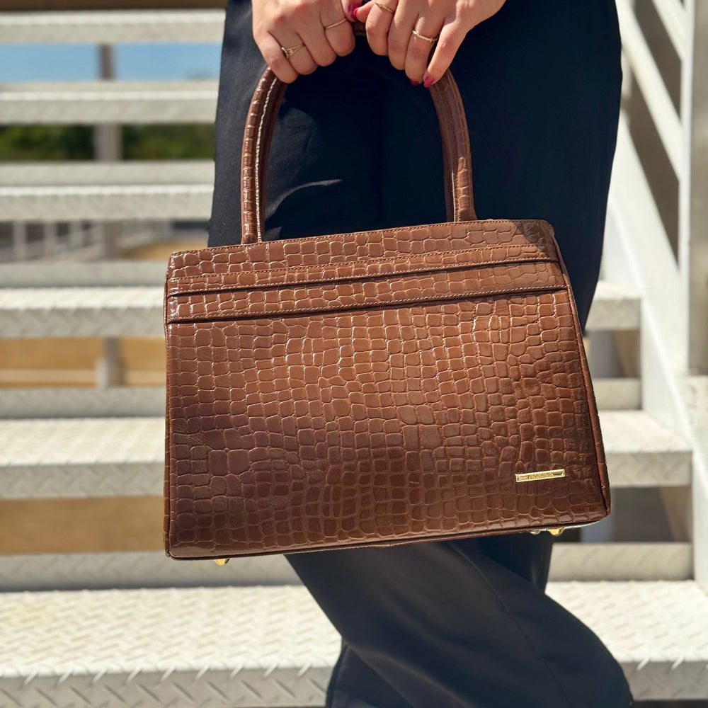 Bolsa de Ombro Estruturada Couro Croco Marrom Celina