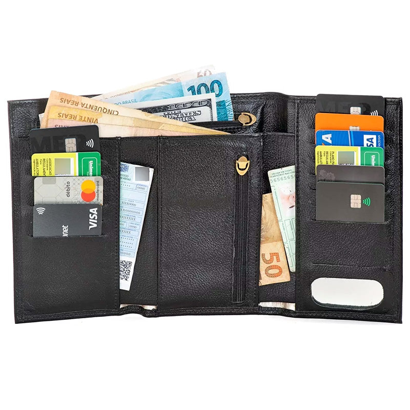 Carteira Feminina Couro Preta Média de Mão Olivia