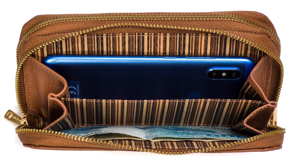 Carteira Feminina Couro Média Zíper Duplo Marrom Maya