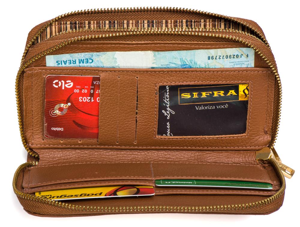 Carteira Feminina Couro Média Zíper Duplo Marrom Maya