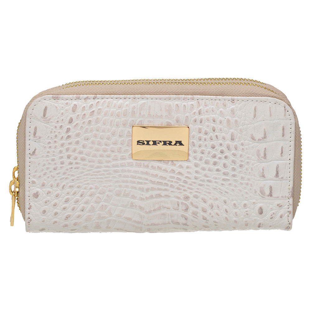 Carteira Feminina Couro Média Zíper Duplo Off White Maya