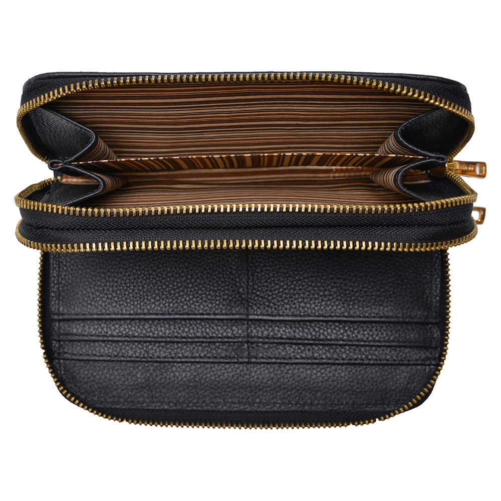 Carteira Feminina Couro Média Zíper Duplo Preta Maya