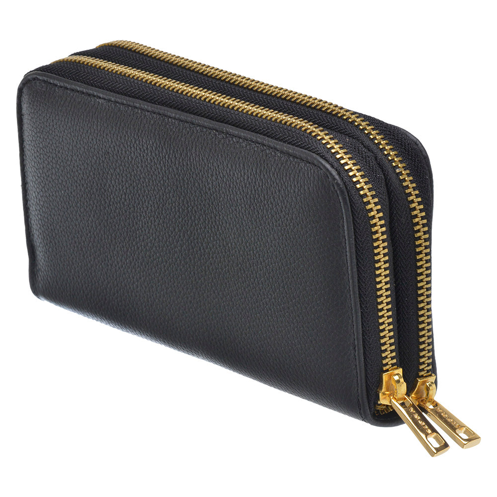 Carteira Feminina Couro Média Zíper Duplo Preta Maya