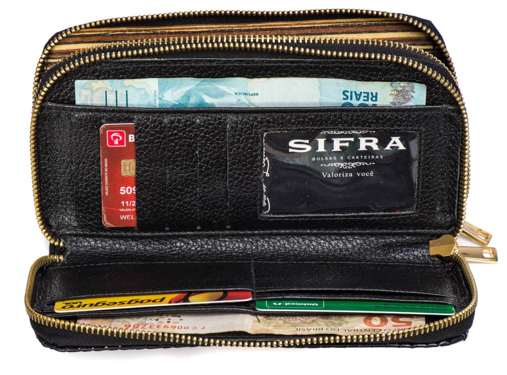 Carteira Feminina Couro Média Zíper Duplo Preto Maya