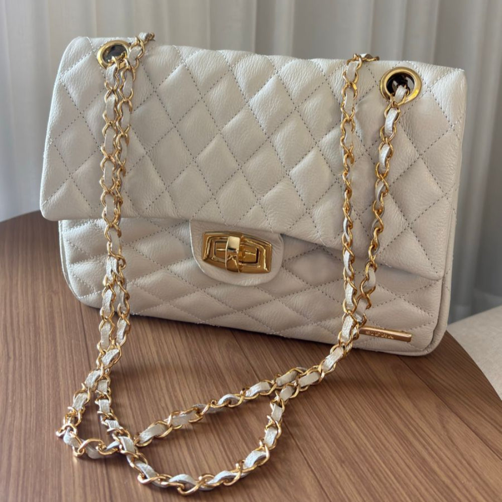 Bolsa Tiracolo Pequena Couro Off White Ouro Beca