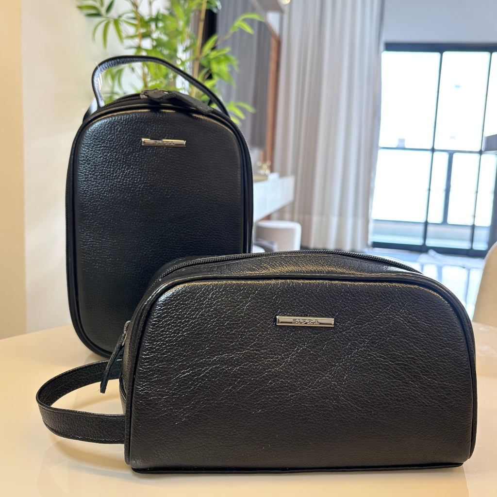Kit Nécessaires Para Viagem Couro Preto