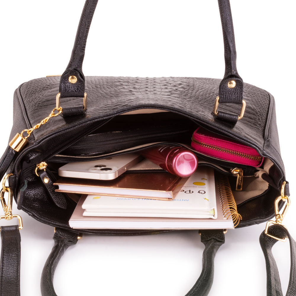 Bolsa Sacola Com Zíper Couro Preta Madison