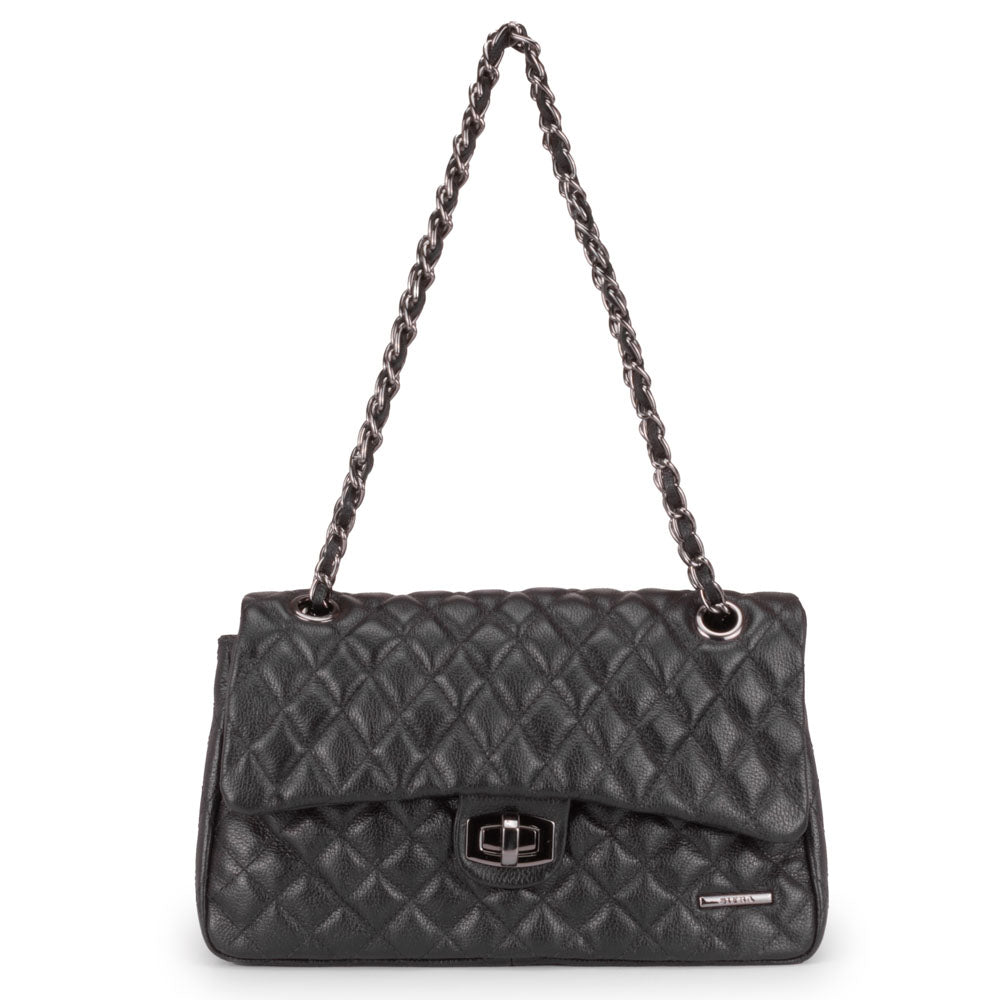 Bolsa Tiracolo Grande Couro Preta Agatha