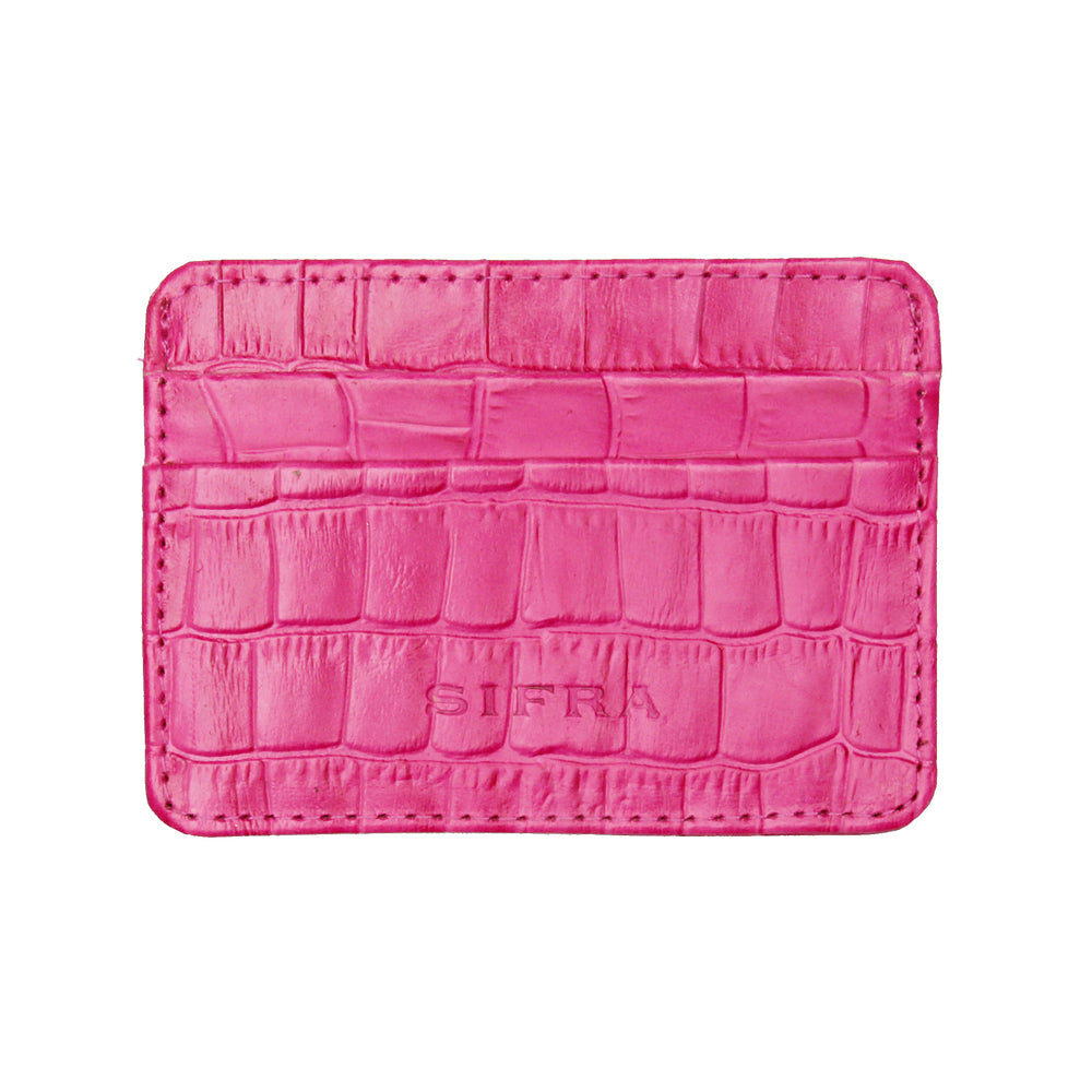 Porta Cartão Duplo Couro Croco Pink