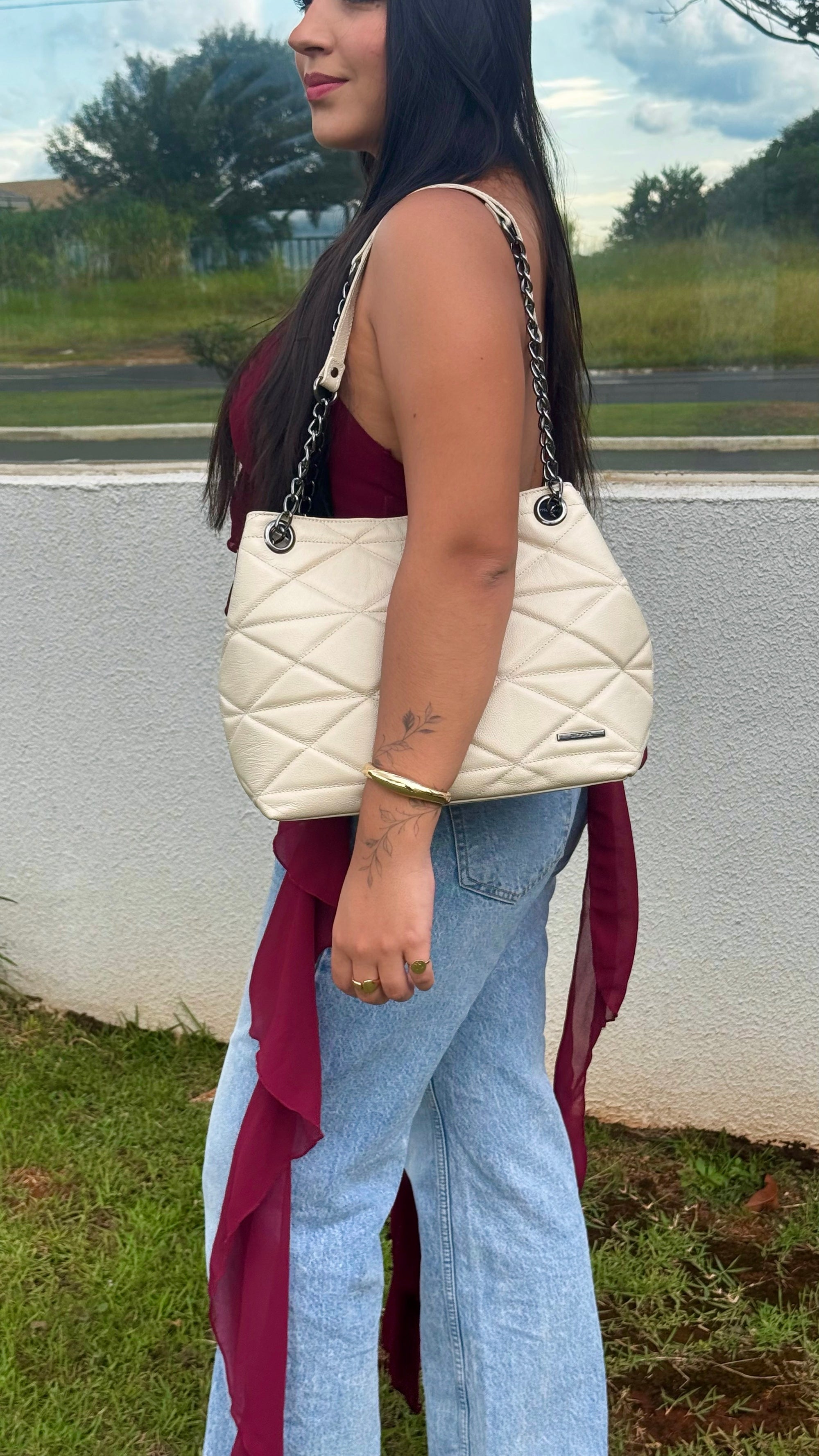 Bolsa Feminina Ombro Couro Off White Gabi