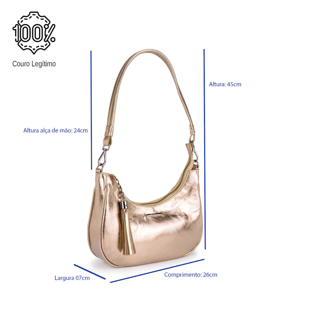 Bolsa Baguete Média Couro Ouro Velho Onix Lorena
