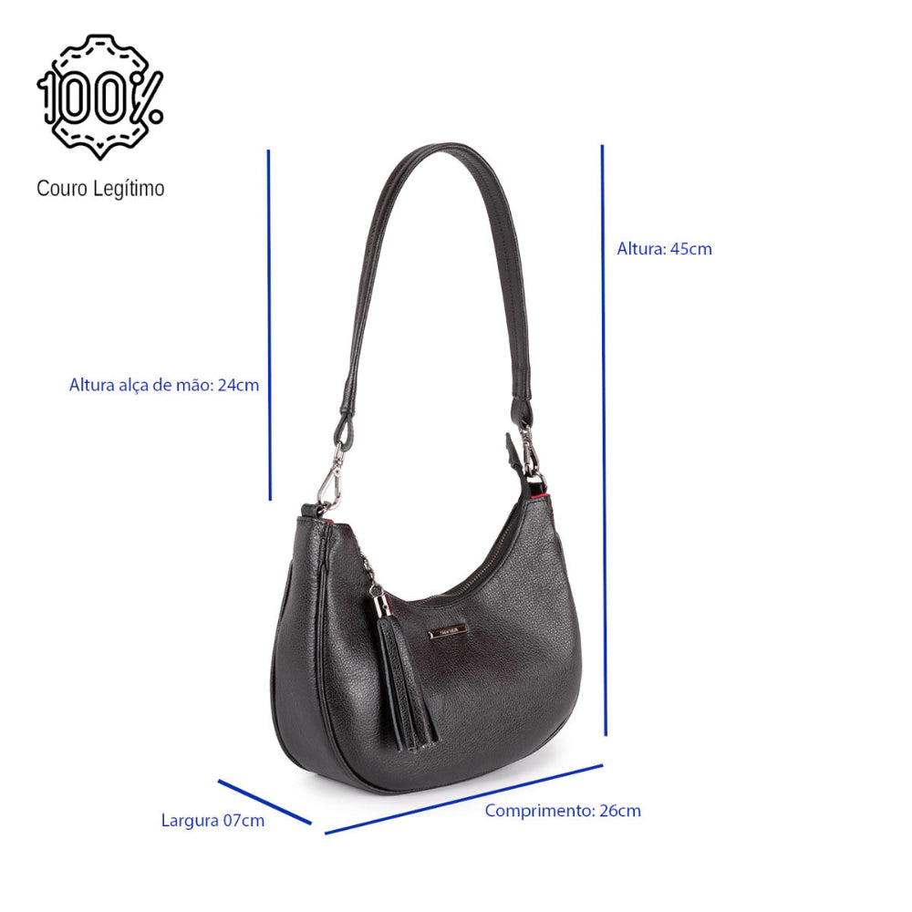 Bolsa Baguete Média Couro Preta Lorena