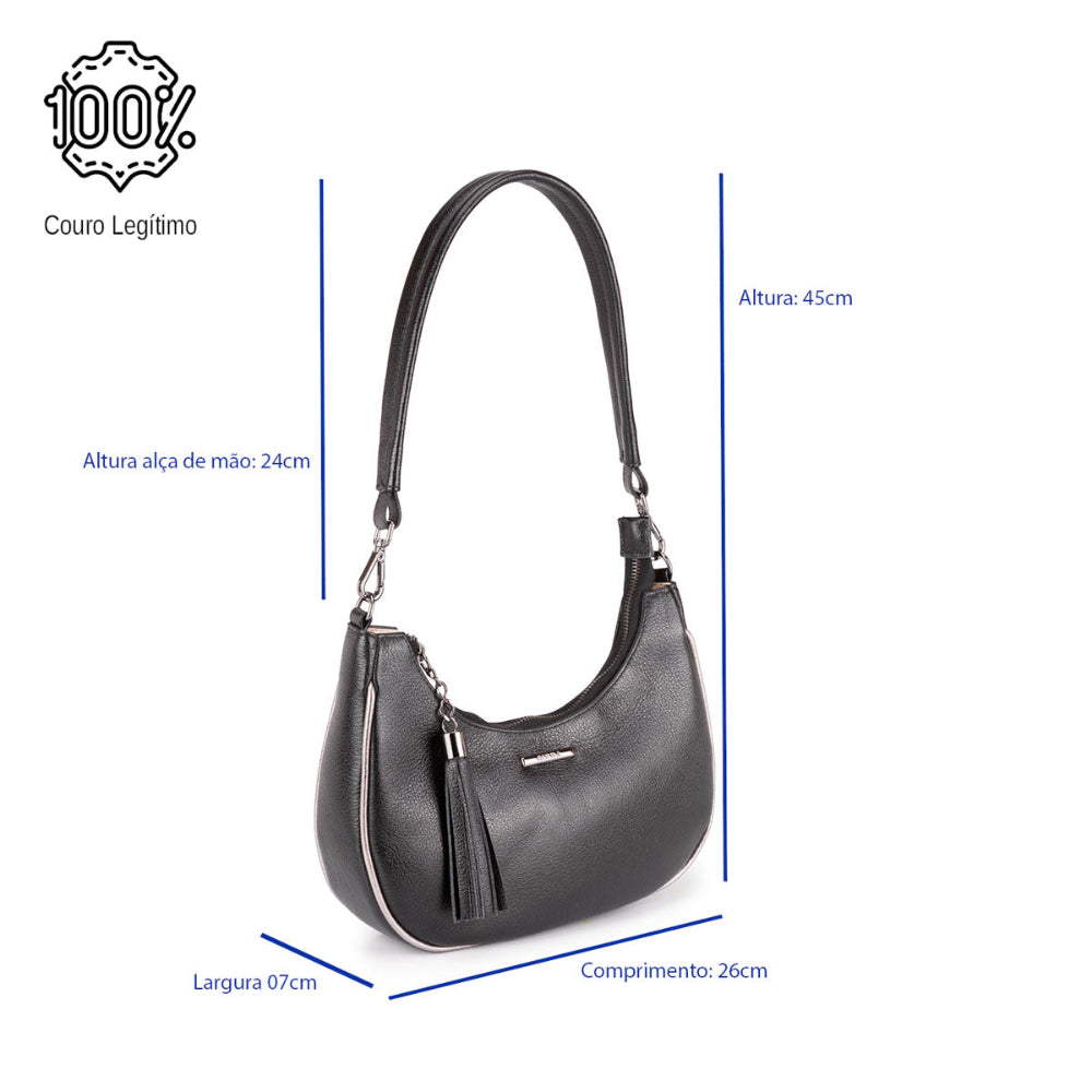 Bolsa Baguete Média Couro Preta Onix Lorena