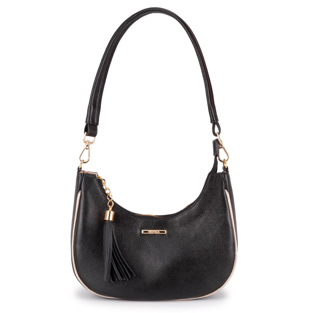 Bolsa Baguete Média Couro Preta Ouro Lorena