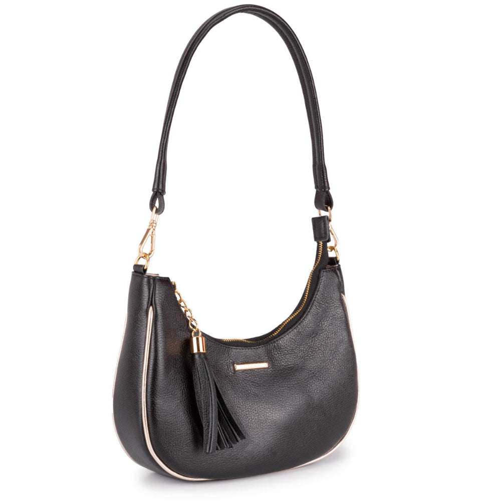 Bolsa Baguete Média Couro Preta Ouro Lorena