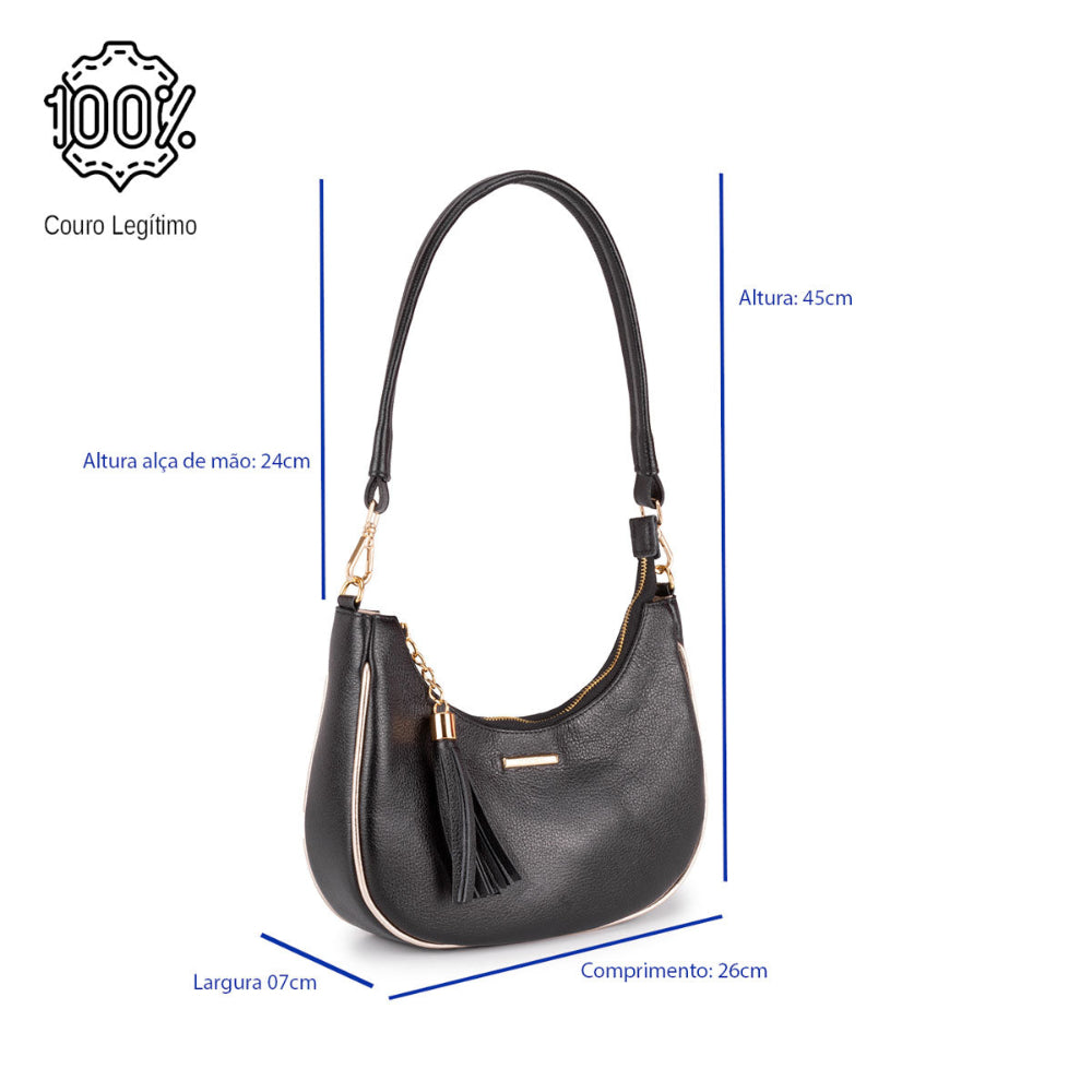 Bolsa Baguete Média Couro Preta Ouro Lorena