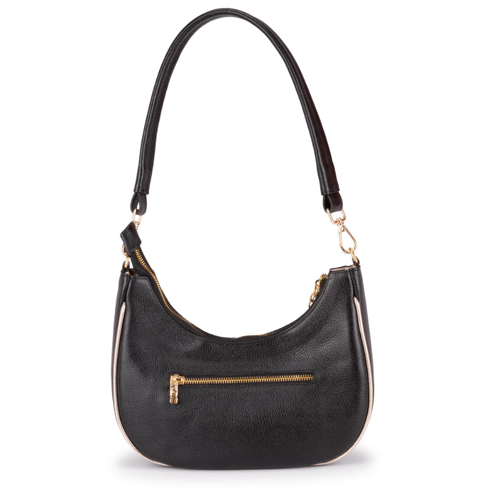 Bolsa Baguete Média Couro Preta Ouro Lorena