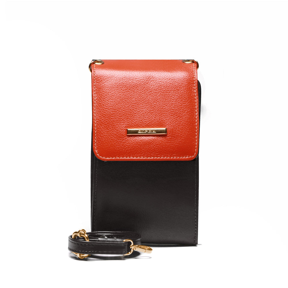 Bolsa Feminina Porta Celular Couro Preto Laranja Karen