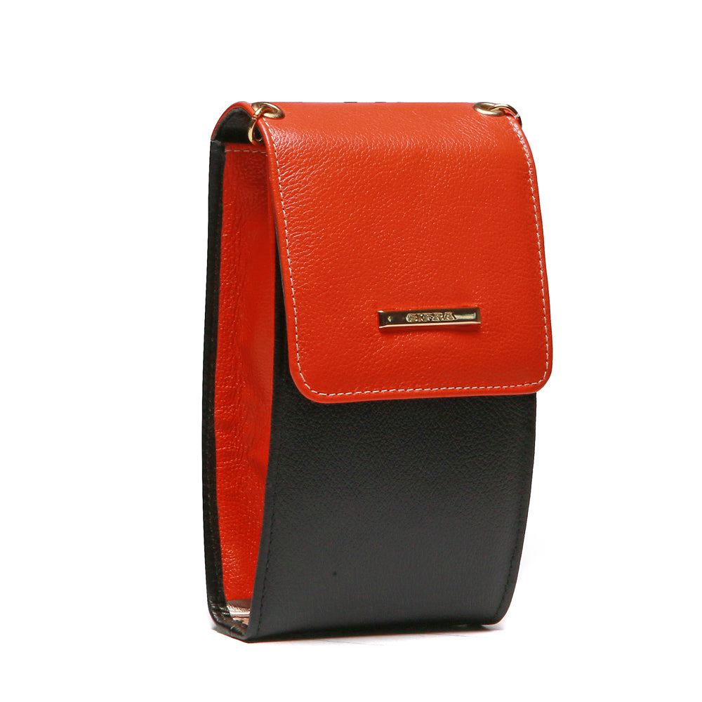 Bolsa Feminina Porta Celular Couro Preto Laranja Karen