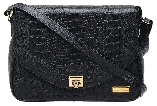 Bolsa Feminina Transversal Couro Preta Lila