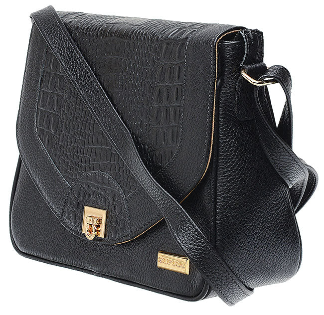 Bolsa Feminina Transversal Couro Preta Lila
