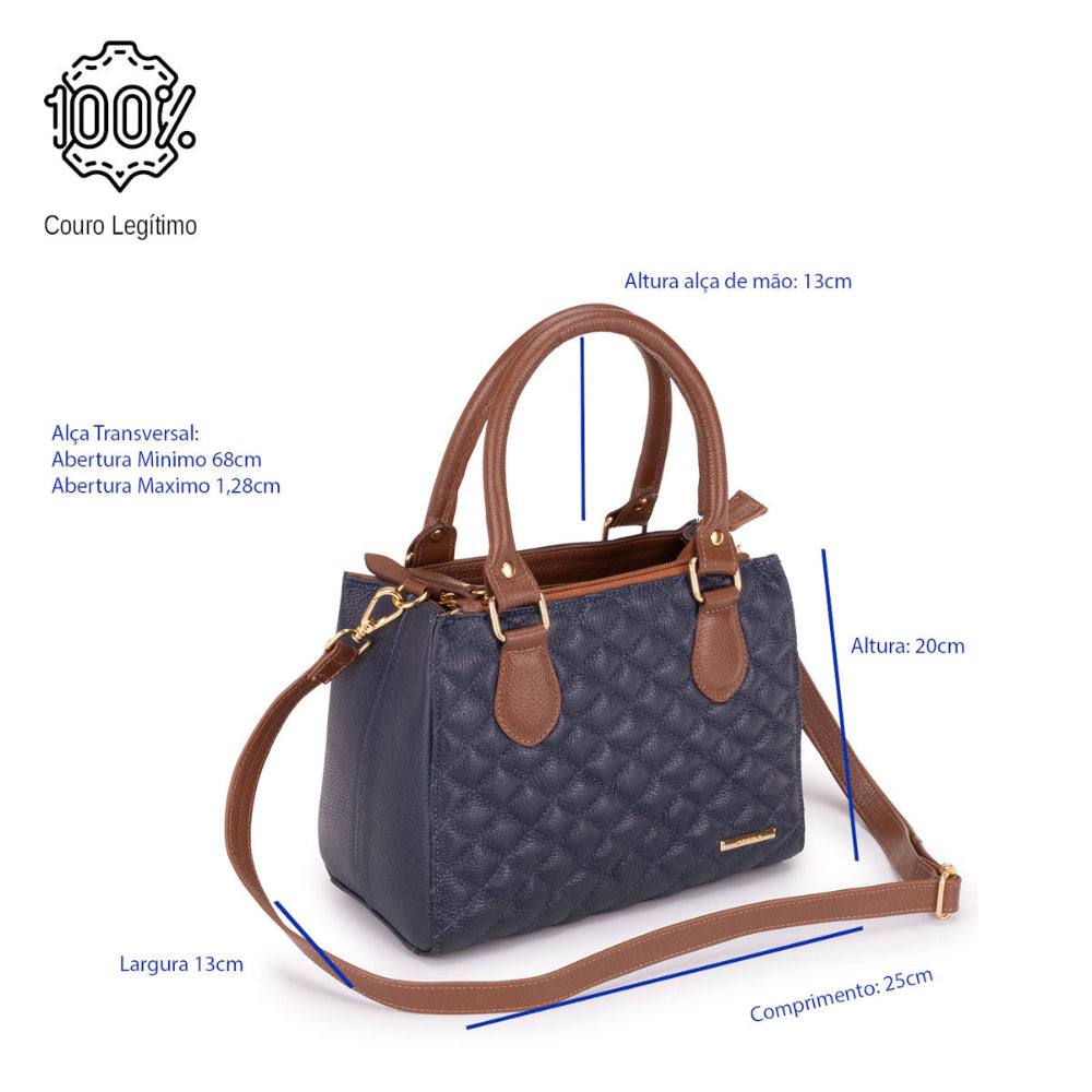 Bolsa Feminina Transversal Tote Matelasse de Couro Azul Mia