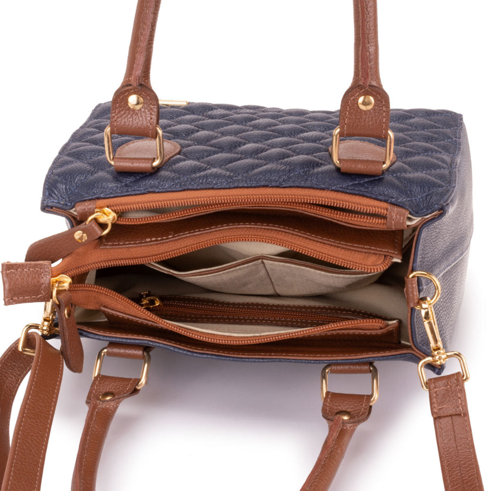 Bolsa Feminina Transversal Tote Matelasse de Couro Azul Mia