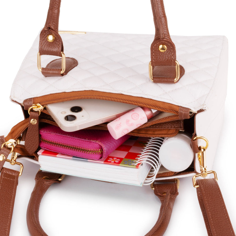 Bolsa Feminina Transversal Tote Matelasse de Couro Branco Mia