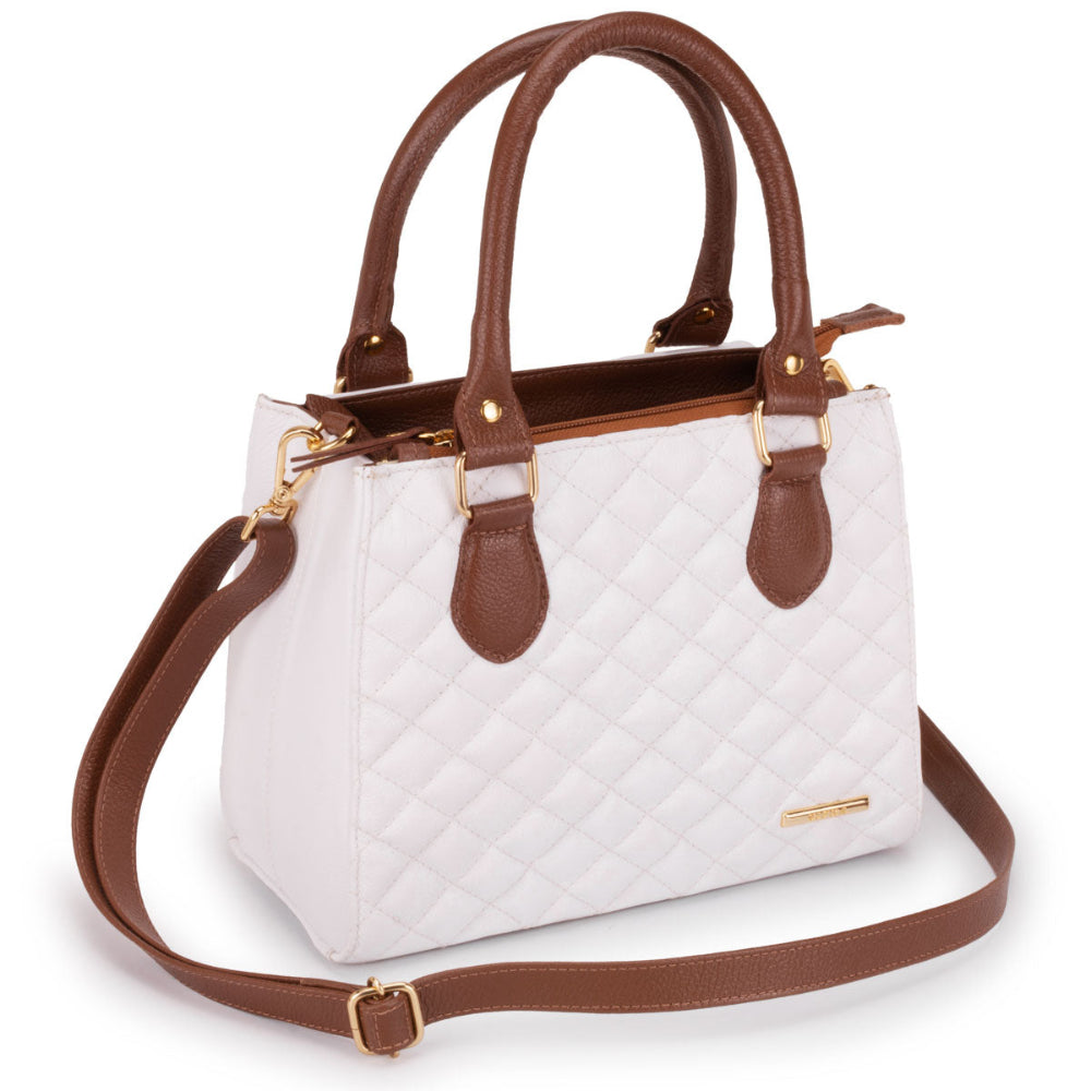 Bolsa Feminina Transversal Tote Matelasse de Couro Branco Mia