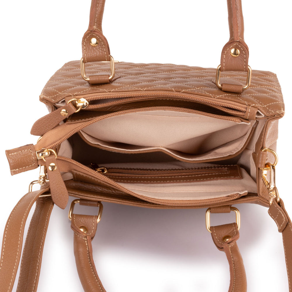 Bolsa Feminina Transversal Tote Matelasse de Couro Caramelo Mia