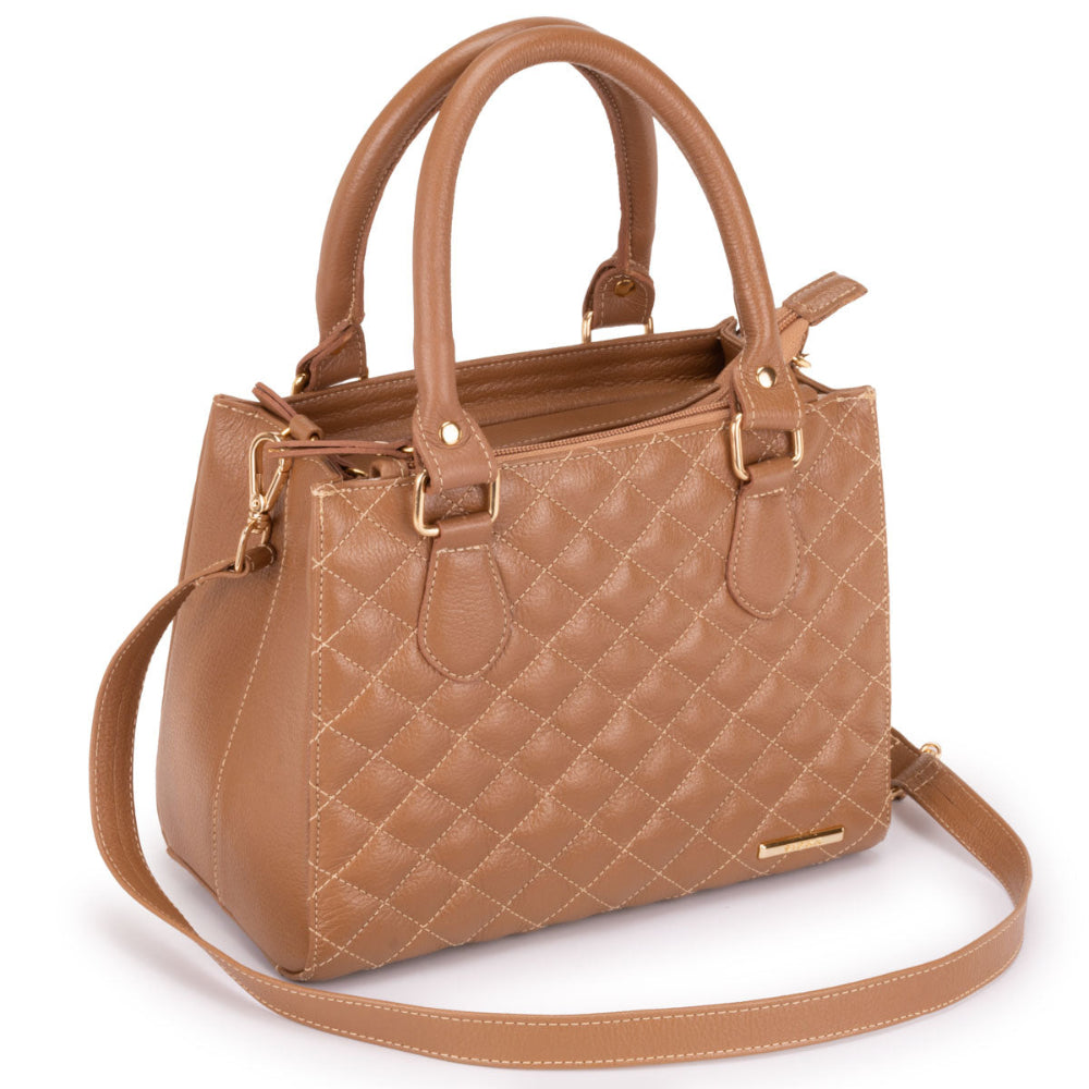 Bolsa Feminina Transversal Tote Matelasse de Couro Caramelo Mia