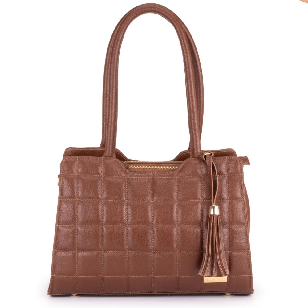 Bolsa Feminina Tranversal Média Couro Marrom Ouro Claudia