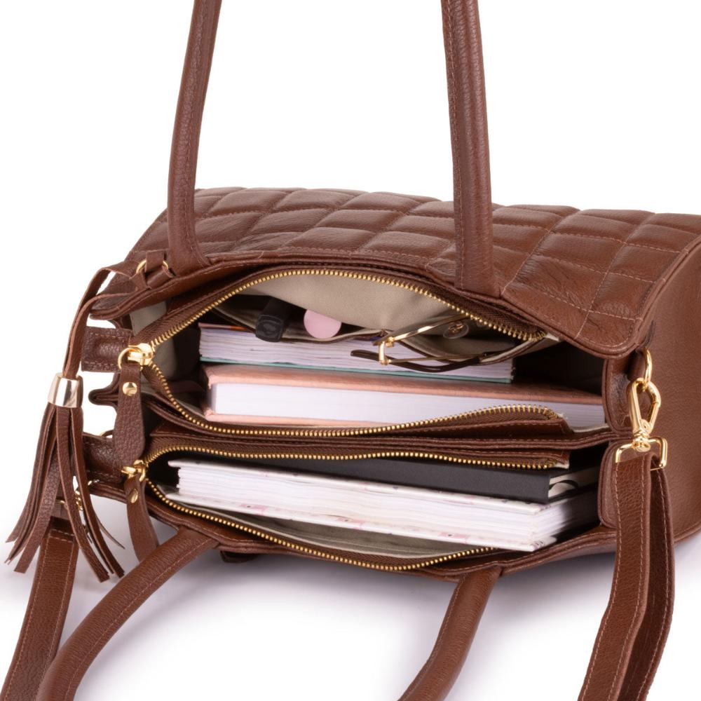 Bolsa Feminina Tranversal Média Couro Marrom Ouro Claudia