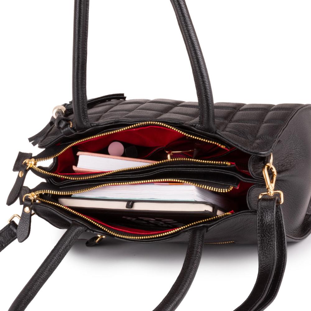 Bolsa Feminina Tranversal Média Couro Preta Ouro Claudia