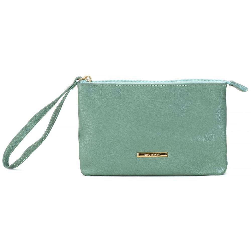 Bolsa Nécessaire Mão Couro Verde Água Lia