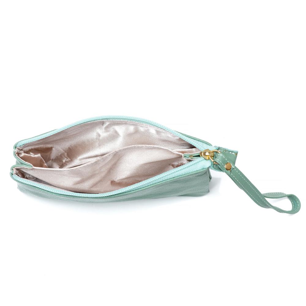 Bolsa Nécessaire Mão Couro Verde Água Lia