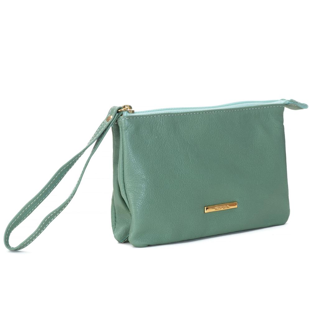 Bolsa Nécessaire Mão Couro Verde Água Lia