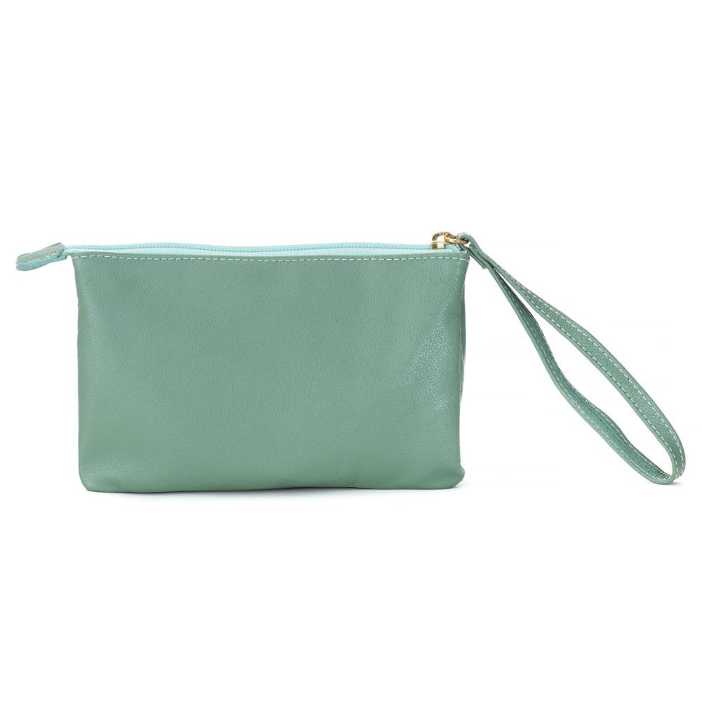 Bolsa Nécessaire Mão Couro Verde Água Lia